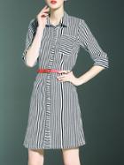 Shein Black White Striped Lapel Belted Dress