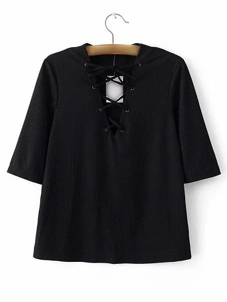 Shein Black Half Sleeve Criss Cross Tie T-shirt