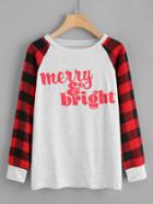 Shein Contrast Check Plaid Raglan Sleeve Letter Print Tee