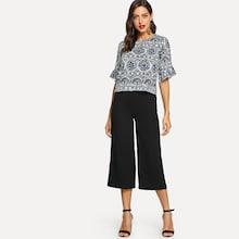 Shein Ruffle Sleeve Graphic Pattern Top & Wide Leg Pants