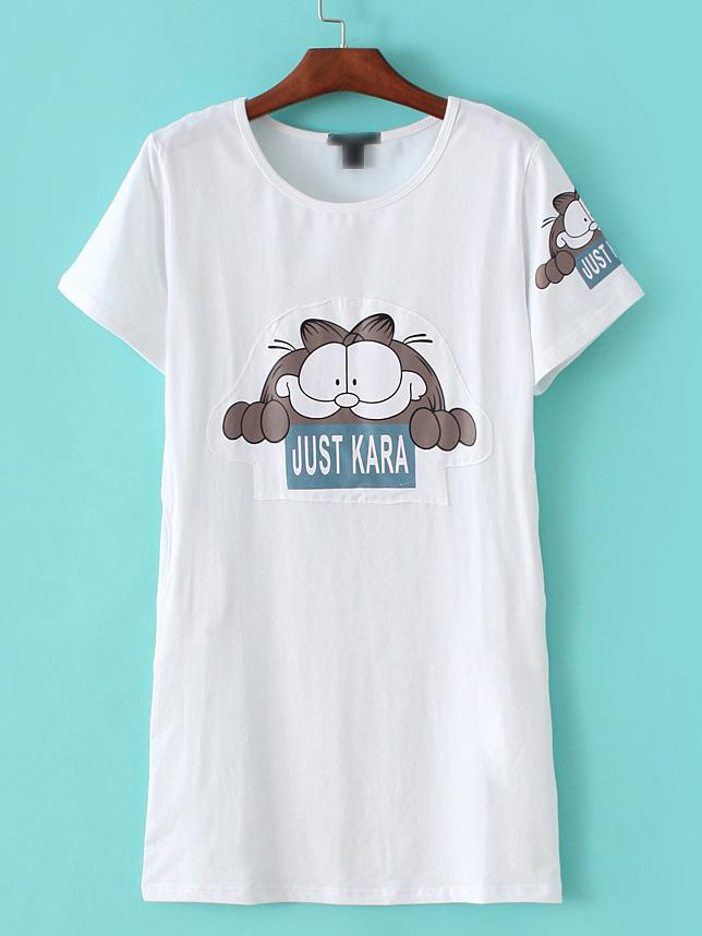 Shein White Round Neck Cat Printed Slim T-shirt