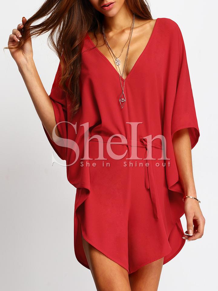 Shein Red V Neck Batwing Sleeve Tie-waist Jumpsuit