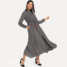 Shein Button Front Tassel Drawstring Waist Dress