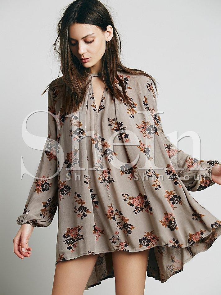 Shein Grey Chemise Challis Long Sleeve Baggy Retro Floral Dress