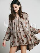 Shein Grey Chemise Challis Long Sleeve Baggy Retro Floral Dress