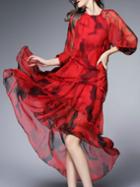 Shein Red Ruffle Belted Print High Low Dress
