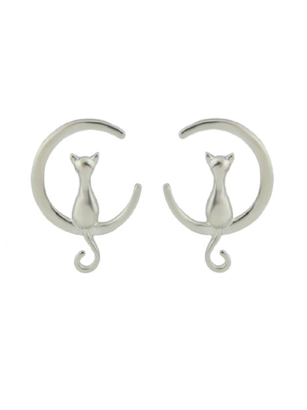 Shein Silver Cute Moon Cat Stud Earrings For Women
