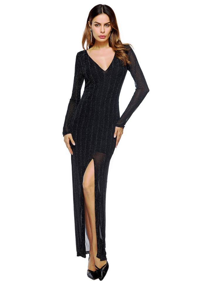Shein Plunge Sparkle Mesh Overlay Split Dress