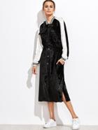 Shein Black Contrast Panel Button Up Velvet Bomber Dress