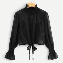 Shein High Neck Polka Dot Knot Hem Blouse
