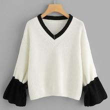 Shein Drawstring Flounce Sleeve Colorblock Sweater