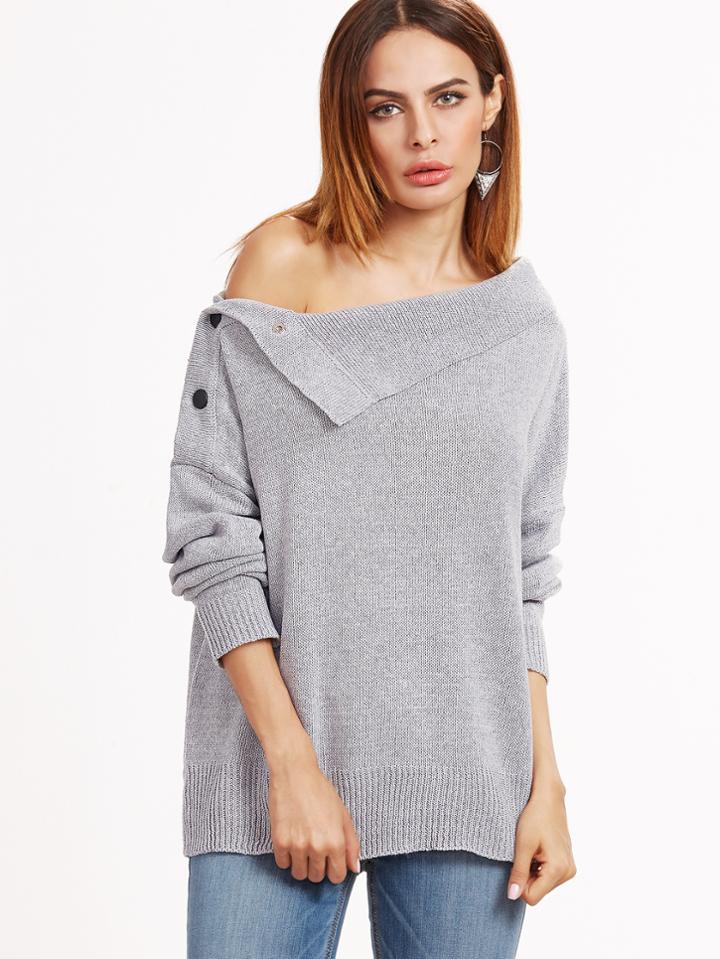 Shein Grey Foldover Collar Drop Shoulder Button Sweater