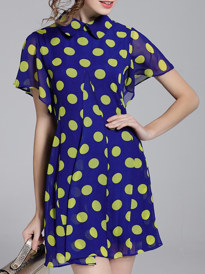 Shein Blue Lapel Flutter Polka Dot Dress