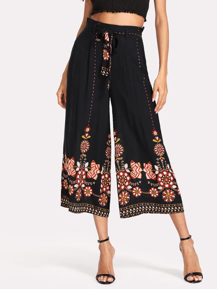 Shein Flower Print Ruffle Waist Palazzo Pants