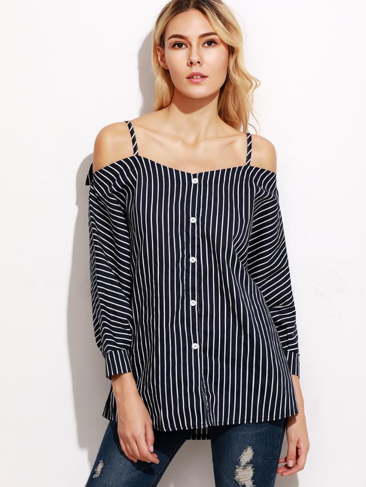 Shein Navy Vertical Striped Cold Shoulder Button Top