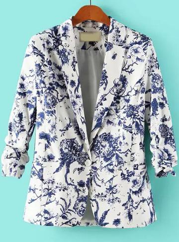 Shein Blue White Notch Lapel Floral Fitted Blazer