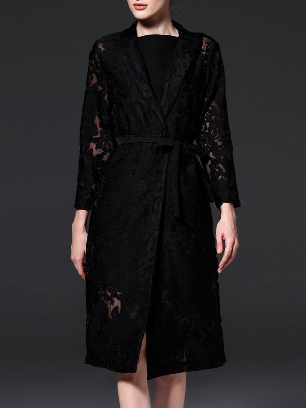 Shein Black V Neck Tie-waist Gauze Embroidered Coat