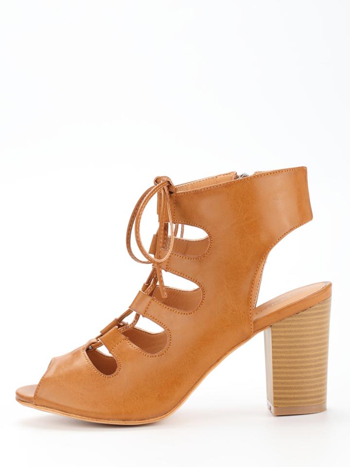Shein Lace-up Block Heel Sandals - Camel