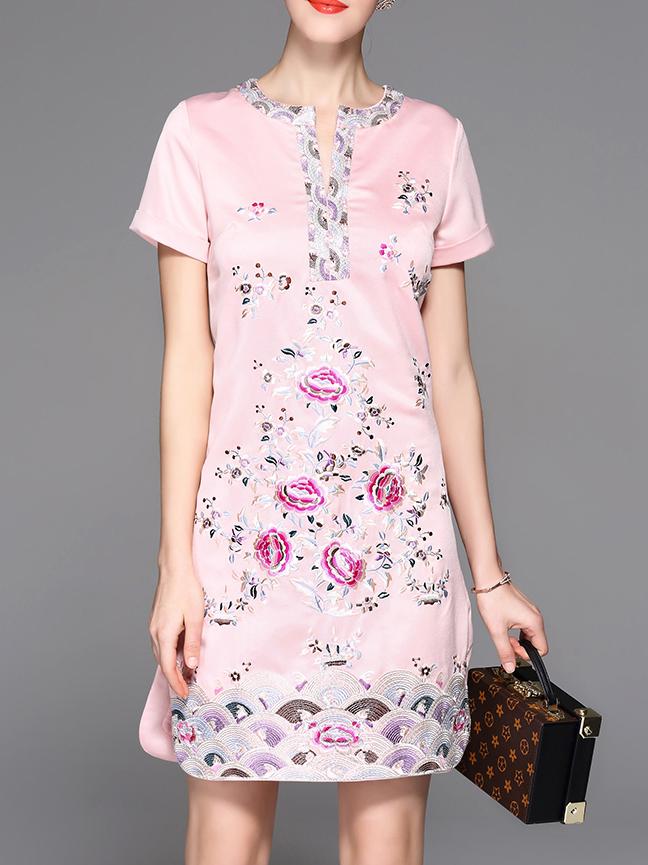 Shein Pink V Neck Flowers Embroidered Sheath Dress