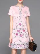 Shein Pink V Neck Flowers Embroidered Sheath Dress