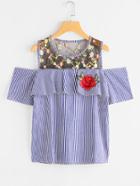 Shein Mesh Insert Frill Trim Embroidered Applique Vertical Striped Blouse