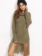 Shein Olive Green Eyelet Geometric Knit Fringe Trim Sweater Dress