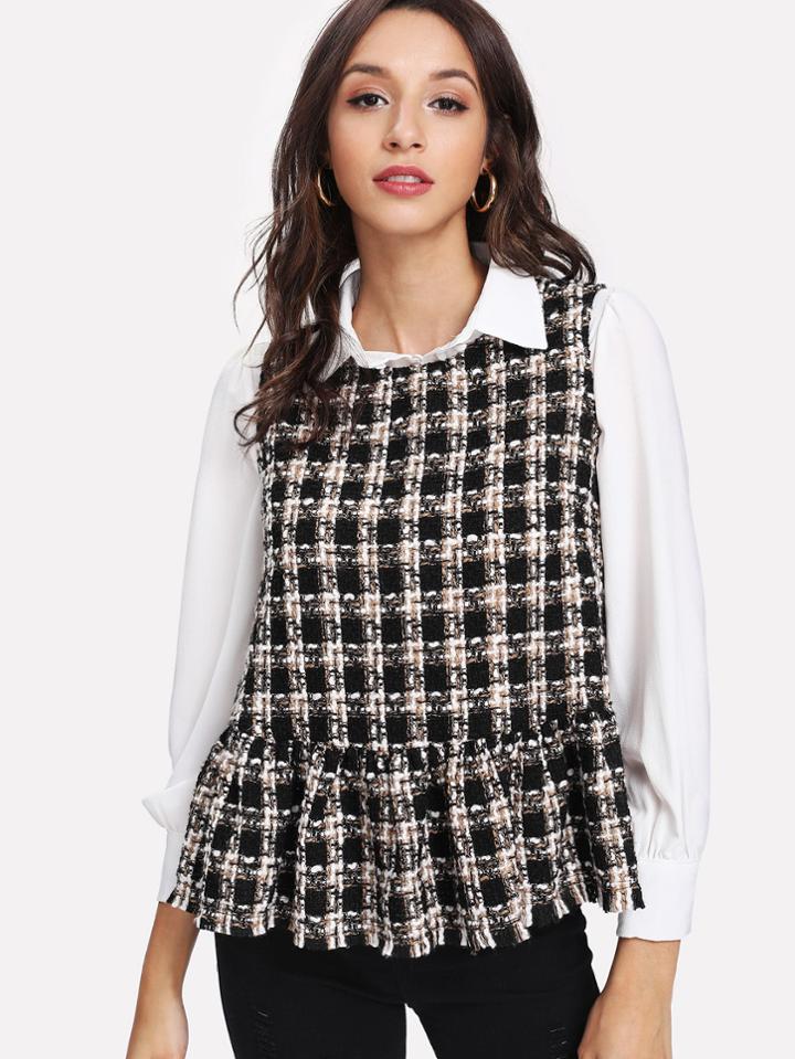 Shein Frayed Ruffle Hem Tweed Top