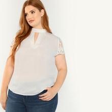Shein Plus Pleated Keyhole Neck Embroidered Mesh Sleeve Top