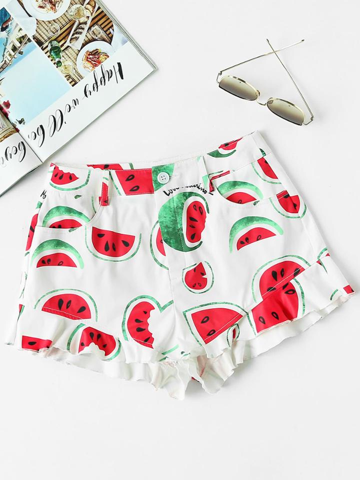 Shein Allover Watermelon Print Frill Hem Shorts