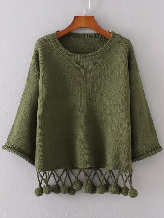 Shein Army Green Drop Shoulder Pom Pom Hem Sweater