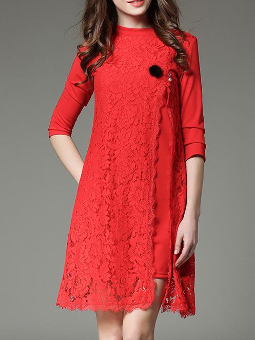 Shein Red Contrast Lace Split Dress