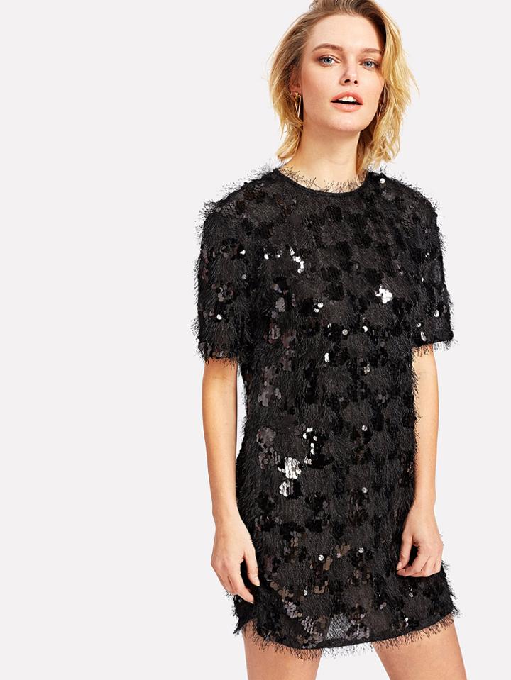 Shein Allover Fringe And Sequin Tunic Dress