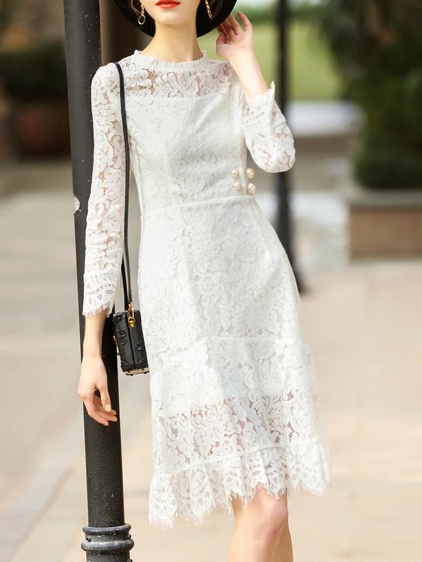 Shein White Crew Neck Beading Lace Dress