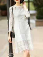 Shein White Crew Neck Beading Lace Dress