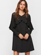 Shein Black Polka Dot Mesh Neck Ruffle Trim  A Line Dress