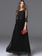 Shein Black Round Neck Length Sleeve Contrast Gauze Drawstring Lace Dress