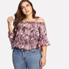 Shein Plus Cold Shoulder Trumpet Sleeve Botanical Top