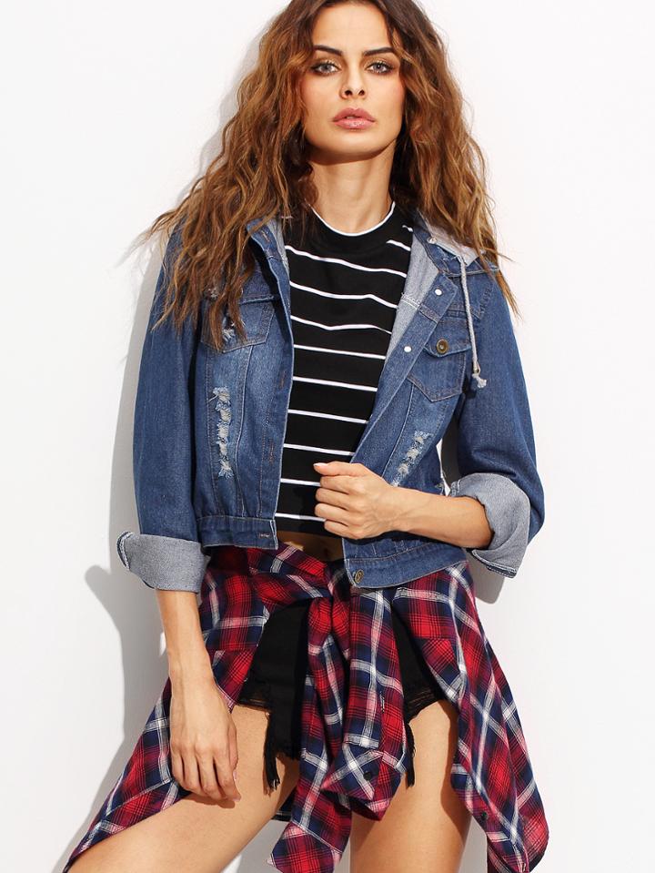 Shein Blue Ripped Removable Hood Denim Jacket