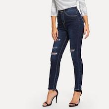 Shein Dark Wash Ripped Raw Hem Jeans