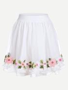 Shein White Flower Embroidered Mesh Overlay Ruffle Hem Skirt