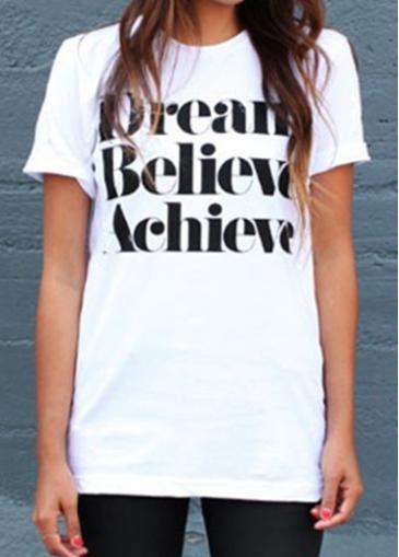 Rosewe Round Neck Letter Print White T Shirt
