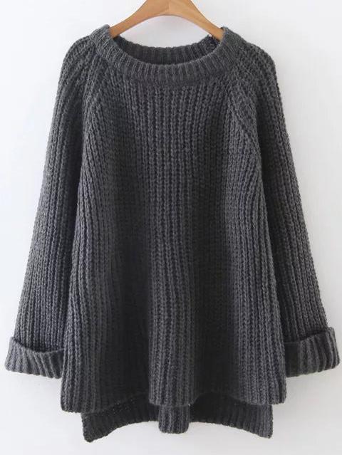 Shein Dark Grey Raglan Sleeve Dip Hem Sweater