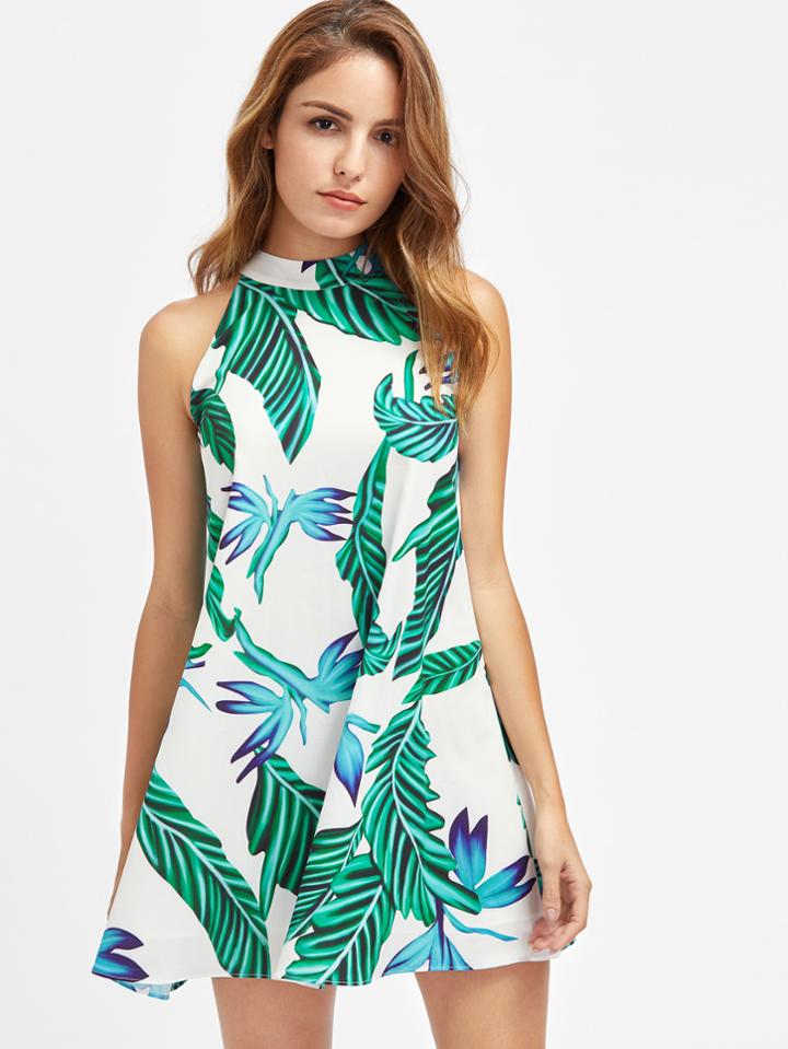 Shein Buttoned Keyhole Halter Neck Swing Tropical Dress