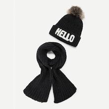 Shein Kids Letter Pattern Pom-pom Decorated Scarf & Beanie Hat