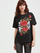 Shein Black Embroidered Rose Applique Short Sleeve T-shirt