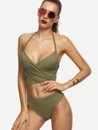 Shein Olive Green Cross Wrap Halter Neck Bikini Set