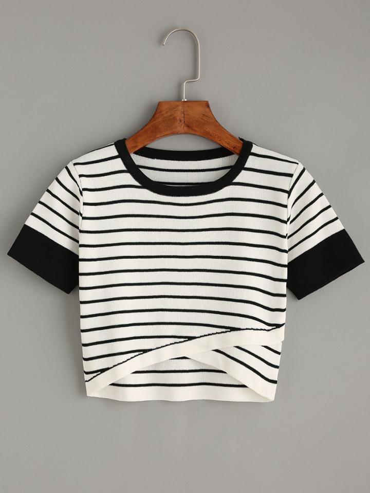 Shein White Striped Contrast Trim Knitted Wrap Top