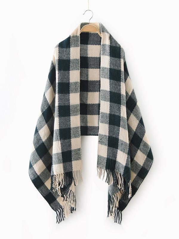 Shein Green Checkered Fringe Edge Scarf