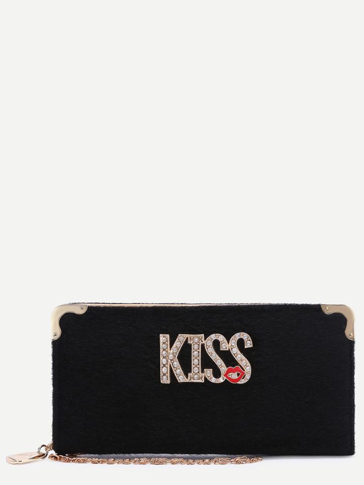 Shein Black Rhinestone Letter Faux Fur Clutch With Chain