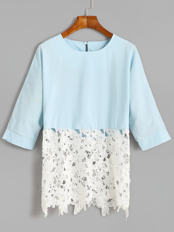 Shein Blue Contrast Crochet Hem Keyhole Back Top